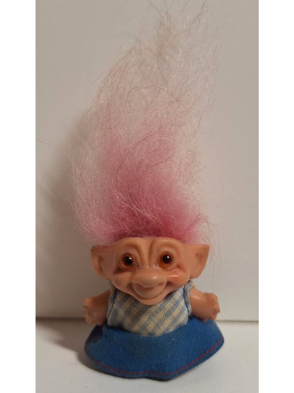 1964 SHE Troll Doll Pink Hair 1.5" Blue Dress DAM Amber Eyes Vintage